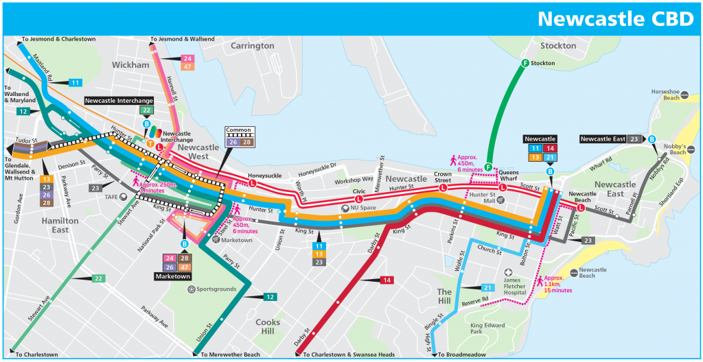 Map of public transport in Newcastle CBD