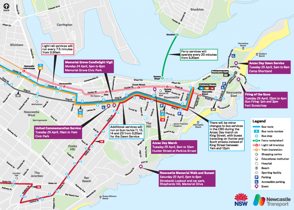 ANZAC day CBD public transport map